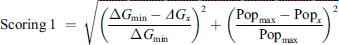 $$ \mathrm{Scoring}\enspace 1\mathrm{\enspace }=\enspace \sqrt{{\left(\frac{{\Delta G}_{\mathrm{min}}-{{\Delta G}}_x}{{\Delta G}_{\mathrm{min}}}\right)}^2+{\left(\frac{{\mathrm{Pop}}_{\mathrm{max}}-{\mathrm{Pop}}_x}{{\mathrm{Pop}}_{\mathrm{max}}}\right)}^2}, $$