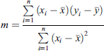 $$ m=\frac{\sum_{i=1}^n\left({x}_i-\bar{x}\right)\left({y}_i-\bar{y}\right)}{\sum_{i=1}^n{\left({x}_i-\bar{x}\right)}^2} $$