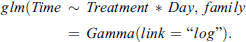 $$ {glm}({Time}\enspace \sim \enspace {Treatment}\enspace *\enspace {Day},\enspace {family}\enspace =\enspace {Gamma}\left({link}=\mathrm{\mathbf{Error:0201C} }{log}\mathrm{\quotedblright{} }\right). $$