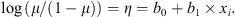 Mathematical equation: $$ \mathrm{log}\left(\mu /\left(1-\mu \right)\right)=\eta ={b}_0+{b}_1\times {x}_i. $$