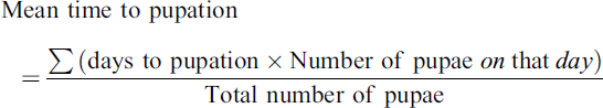 Mathematical equation: $$ \textrm{Mean}\ \textrm{time}\ \textrm{to}\ \textrm{pupation}=\frac{\sum \left(\textrm{days}\ \textrm{to}\ \textrm{pupation}\times \textrm{Number}\ \textrm{of}\ \textrm{pupae}\ \textrm{on}\ \textrm{that}\ \textrm{day}\right)}{\textrm{Total}\ \textrm{number}\ \textrm{of}\ \textrm{pupae}} $$