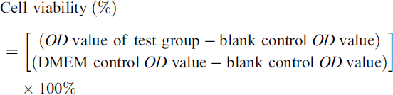 Mathematical equation: $$ \textrm{Cell}\ \textrm{viability}\ \left(\%\right)=\left[\frac{\left(\textrm{OD}\ \textrm{value}\ \textrm{of}\ \textrm{test}\ \textrm{group}-\textrm{blank}\ \textrm{control}\ \textrm{OD}\ \textrm{value}\right)}{\left(\textrm{DMEM}\ \textrm{control}\ \textrm{OD}\ \textrm{value}-\textrm{blank}\ \textrm{control}\ \textrm{OD}\ \textrm{value}\right)}\right]\times 100\% $$