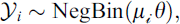 Mathematical equation: $$ {\mathcal{Y}}_{\mathcal{i}}\sim \textrm{NegBin}\left({\mu}_{\mathcal{i}},\theta \right), $$