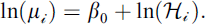 Mathematical equation: $$ \ln \left({\mu}_{\mathcal{i}}\right)={\beta}_0+\ln \left({\mathcal{H}}_{\mathcal{i}}\right). $$