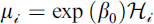 Mathematical equation: $$ {\mu}_{\mathcal{i}}=\exp \left({\beta}_0\right){\mathcal{H}}_{\mathcal{i}} $$